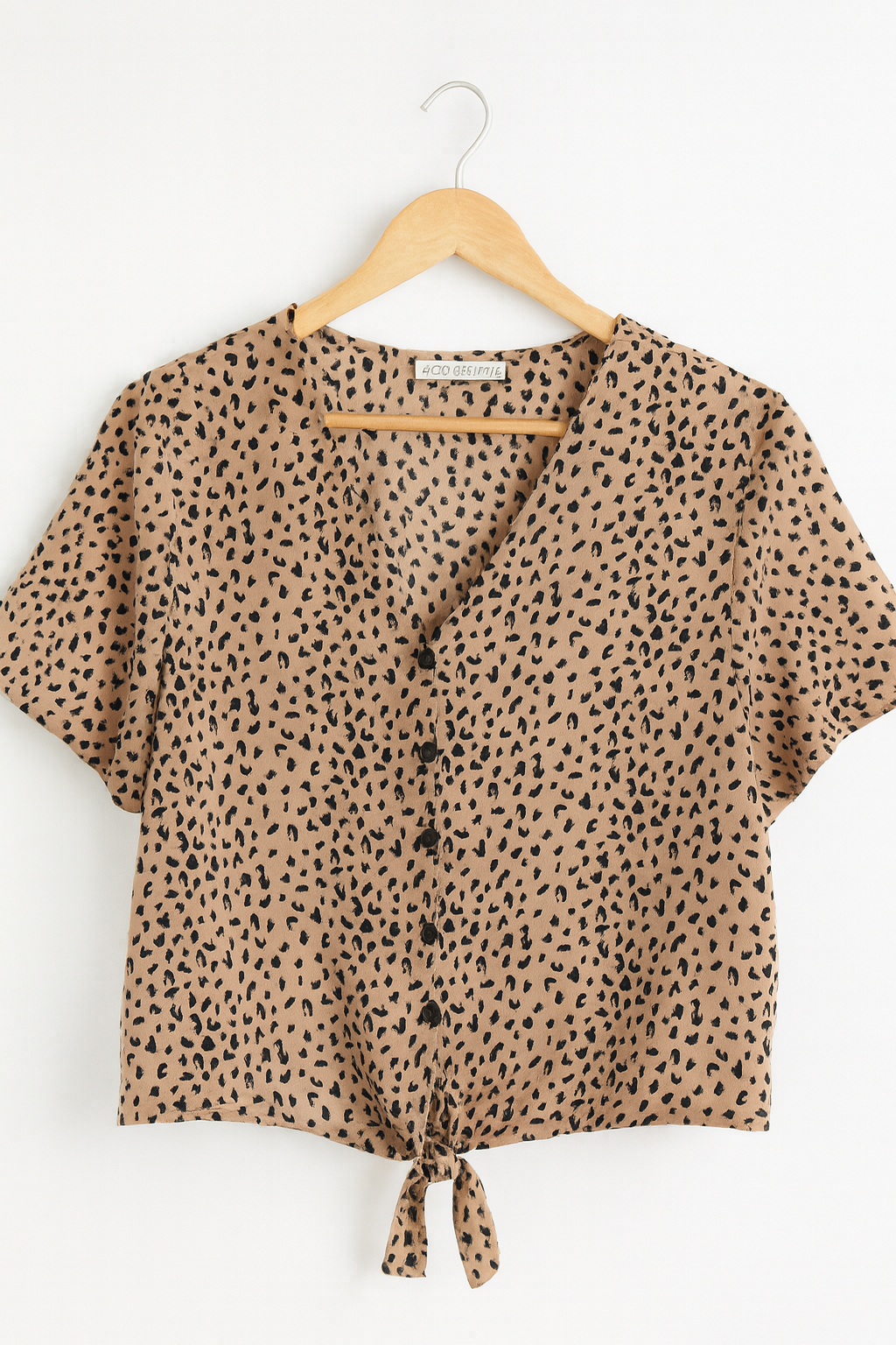 Leopard Print Button-Down Blouse – Tie Front V-Neck Short Sleeve Top