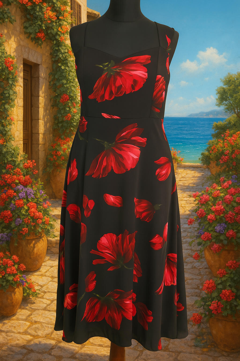 Floral Midi Dress — Black with Red Bloom Print