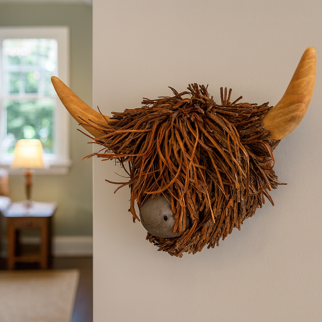 Rustic Highland Cow Wall Art – Handmade Natural Design