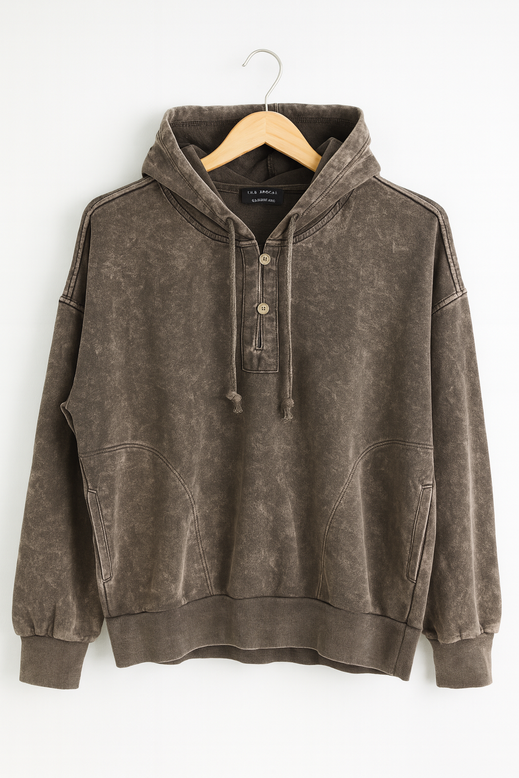 Charcoal Mineral Wash Oversized Hoodie – Vintage Relaxed Fit Henley Style